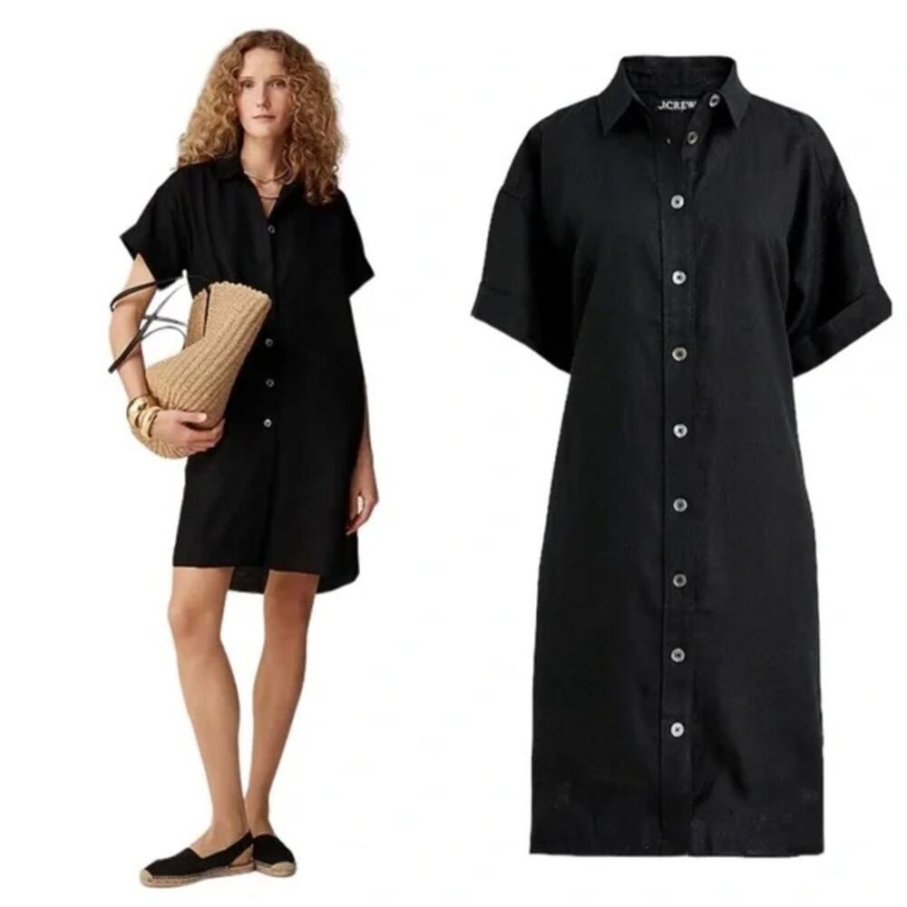 J.Crew Capitaine Black 100% Linen Button Down Short Sleeve Shirt Dress XS Petite